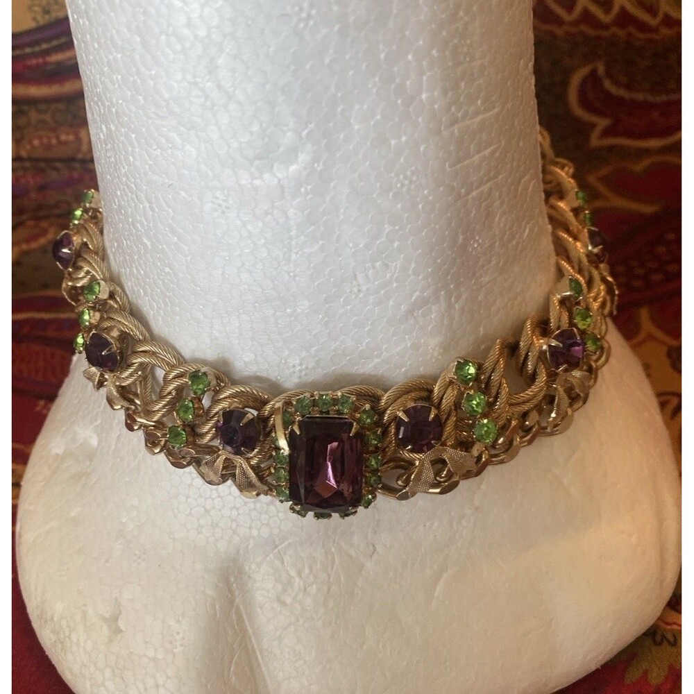 Vintage Gold Tone Necklace And Clip Earrings Purple & Lime Green Stones